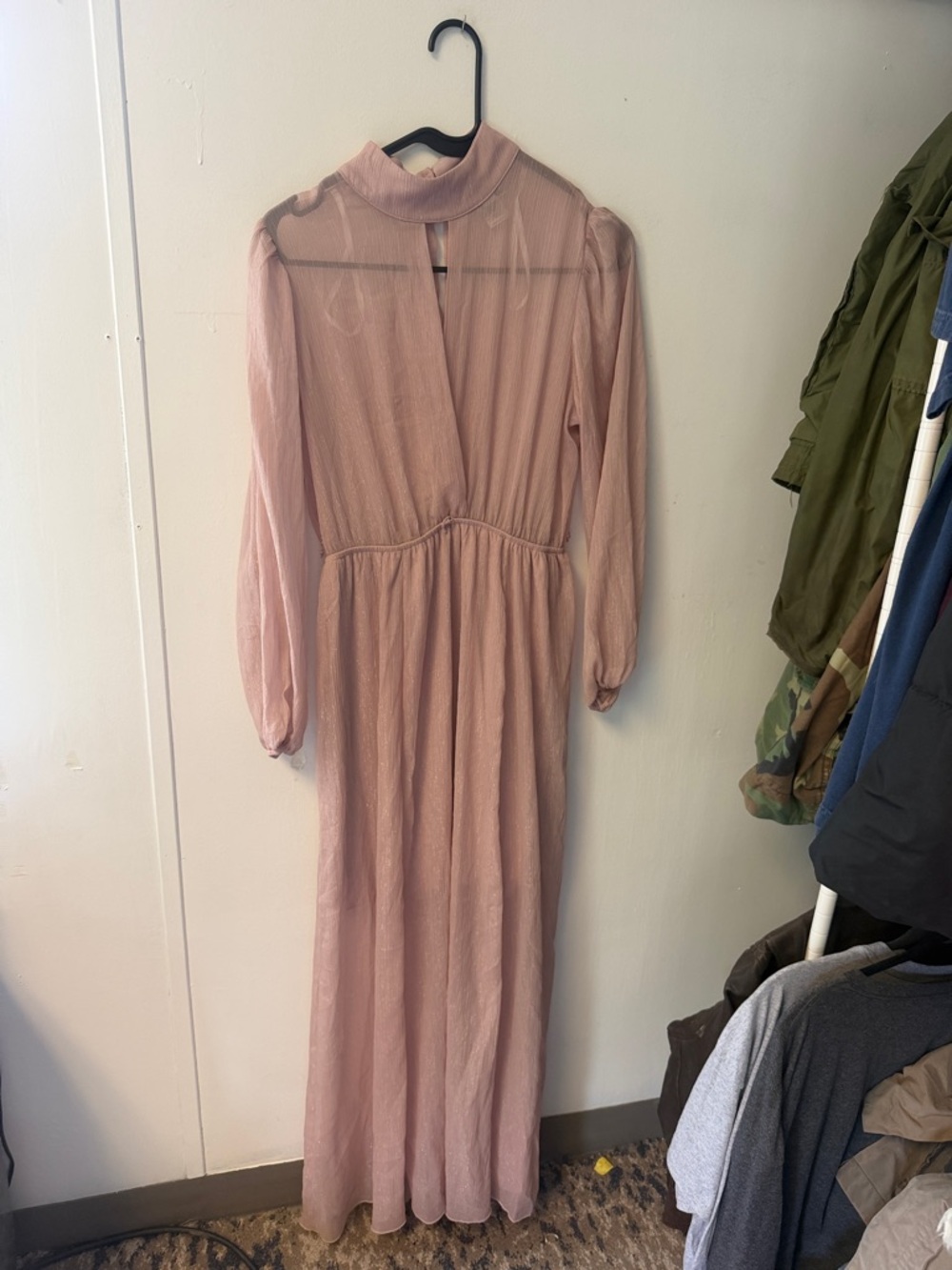 Sheer High-Neck Long Sleeve Maxi Dress - Blush Pink